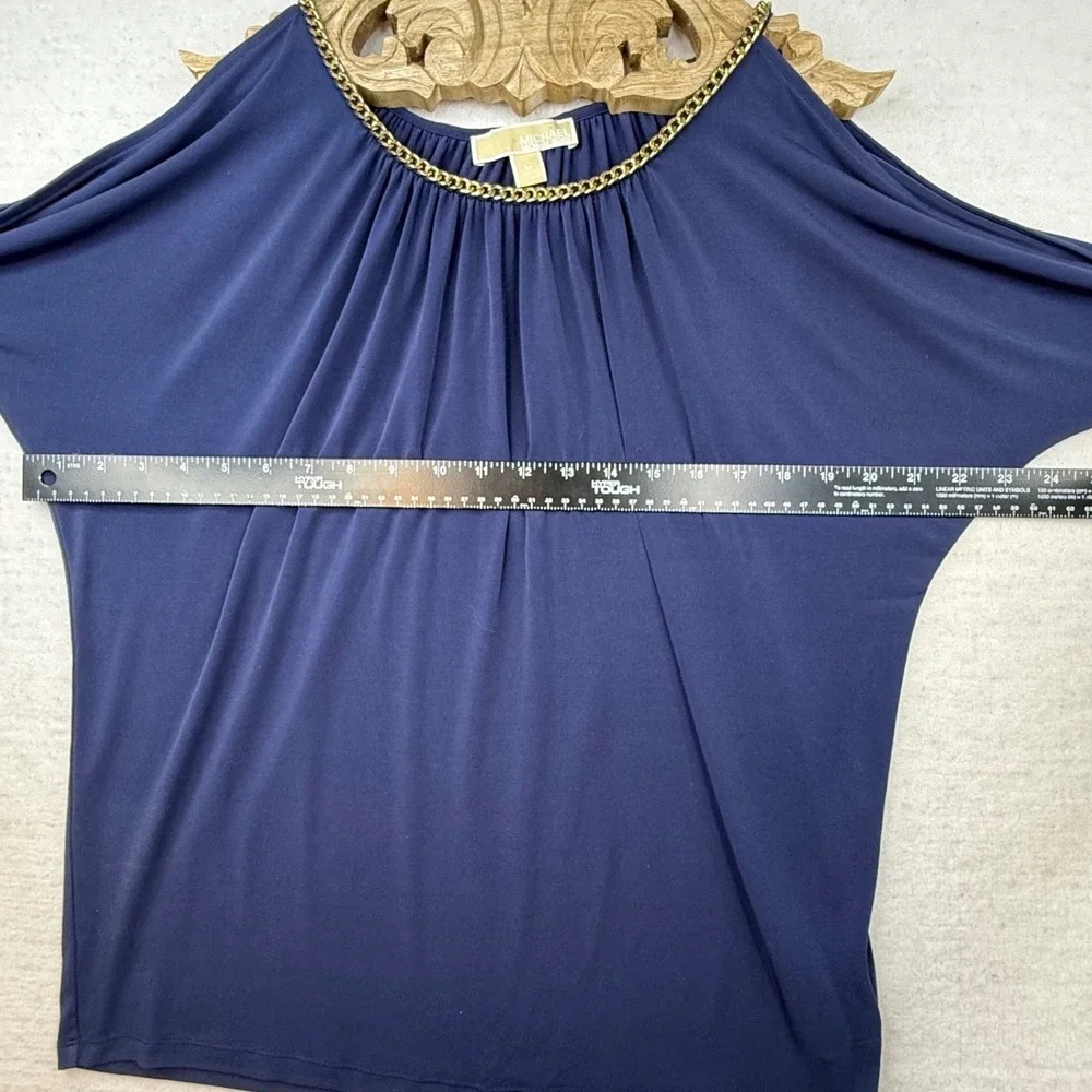 Michael Kors Navy Blue Chain Neck Dolman Sleeve‎ Top Womens M cold shoulder